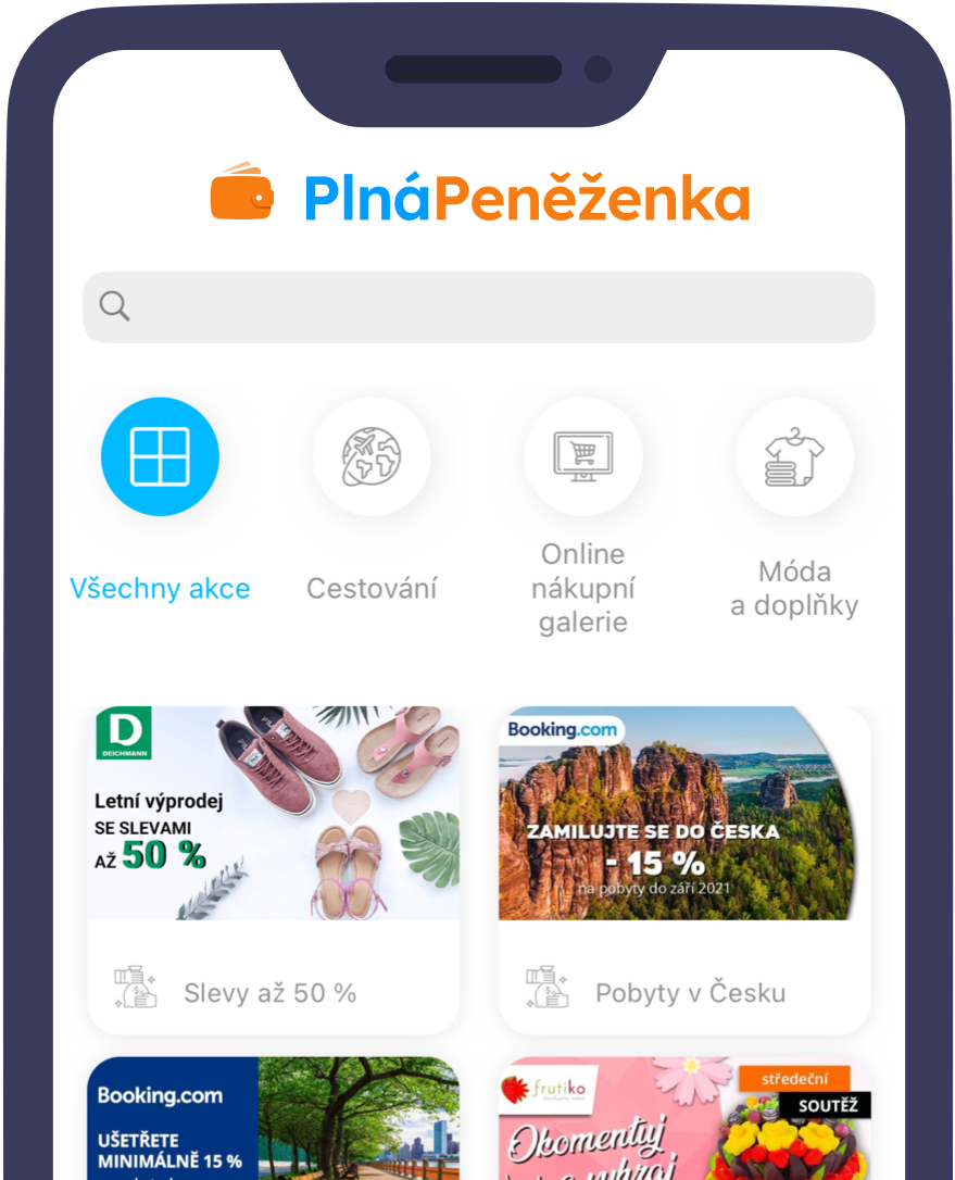  Rychlý přístup k e-shopům, akcím i cashbacku přes mobilní aplikaci PlnáPeněženka